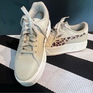 Puma Cream and Brown Platform Sneakers with Leopard Print
